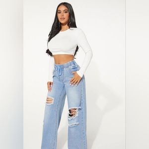 Drawstring Waist Cut Out Ripped Wide Leg Jeans